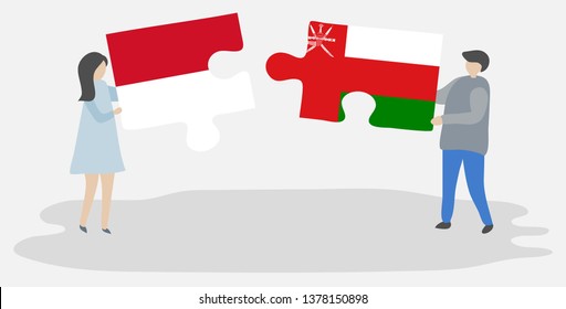 Couple holding two puzzles pieces with Monegasque and Omani flags. Monaco and Oman national symbols together.