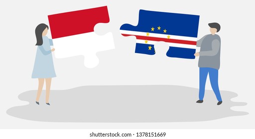 Couple holding two puzzles pieces with Monegasque and Cabo Verdean flags. Monaco and Cape Verde national symbols together.