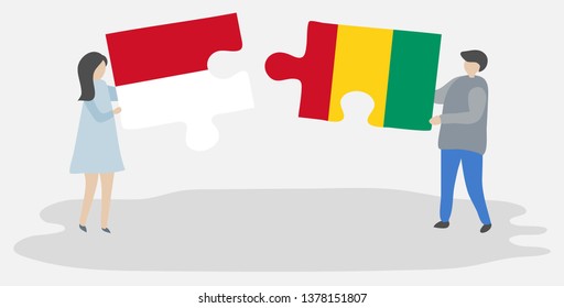 Couple holding two puzzles pieces with Monegasque and Guinean flags. Monaco and Guinea national symbols together.