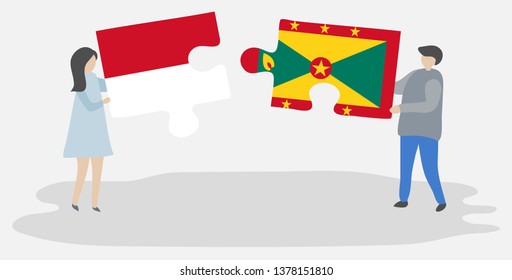 Couple holding two puzzles pieces with Monegasque and Grenadian flags. Monaco and Grenada national symbols together.