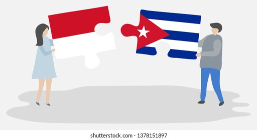 Couple holding two puzzles pieces with Monegasque and Cuban flags. Monaco and Cuba national symbols together.