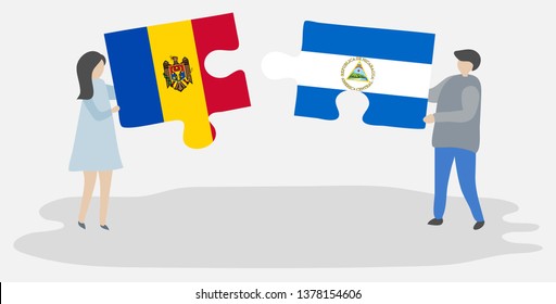 Couple holding two puzzles pieces with Moldovan and Nicaraguan flags. Moldova and Nicaragua national symbols together.