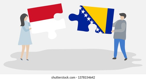 Couple holding two puzzles pieces with Monegasque and Bosnian flags. Monaco and Bosnia and Herzegovina national symbols together.