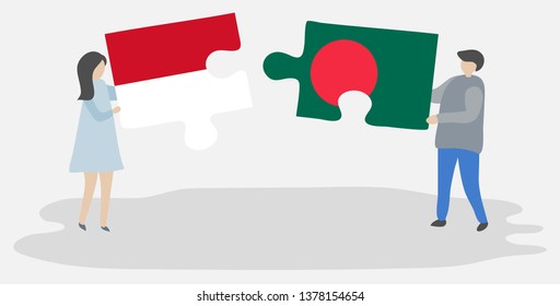 Couple holding two puzzles pieces with Monegasque and Bangladeshi flags. Monaco and Bangladesh national symbols together.