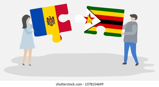 Couple holding two puzzles pieces with Moldovan and Zimbabwean flags. Moldova and Zimbabwe national symbols together.