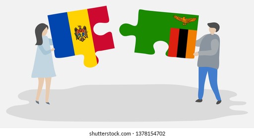 Couple holding two puzzles pieces with Moldovan and Zambian flags. Moldova and Zambia national symbols together.