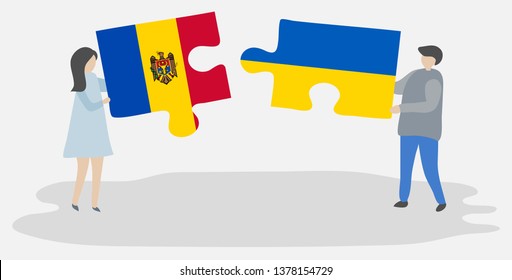 Couple holding two puzzles pieces with Moldovan and Ukrainian flags. Moldova and Ukraine national symbols together.