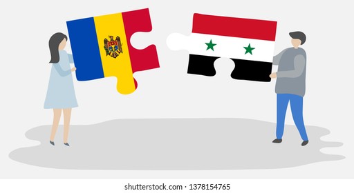 Couple holding two puzzles pieces with Moldovan and Syrian flags. Moldova and Syria national symbols together.
