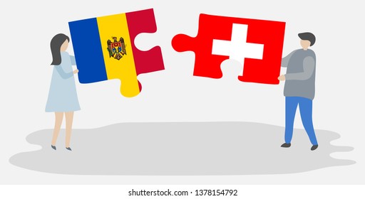 Couple holding two puzzles pieces with Moldovan and Swiss flags. Moldova and Switzerland national symbols together.