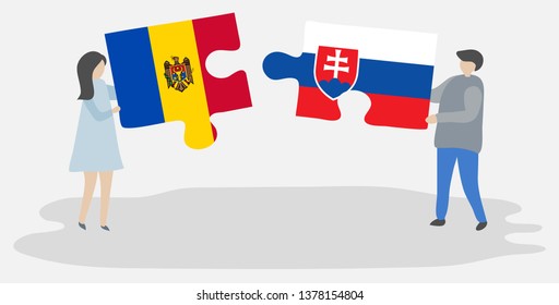 Couple holding two puzzles pieces with Moldovan and Slovak flags. Moldova and Slovakia national symbols together.