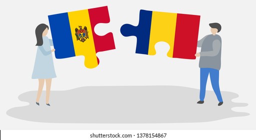 Couple holding two puzzles pieces with Moldovan and Romanian flags. Moldova and Romania national symbols together.