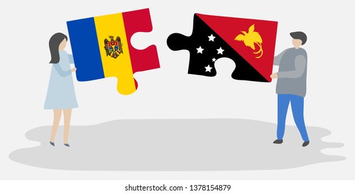 Couple holding two puzzles pieces with Moldovan and Papuan flags. Moldova and Papua New Guinea national symbols together.