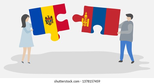 Couple holding two puzzles pieces with Moldovan and Mongolian flags. Moldova and Mongolia national symbols together.