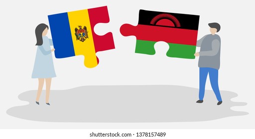 Couple holding two puzzles pieces with Moldovan and Malawian flags. Moldova and Malawi national symbols together.