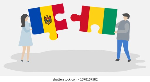 Couple holding two puzzles pieces with Moldovan and Guinean flags. Moldova and Guinea national symbols together.
