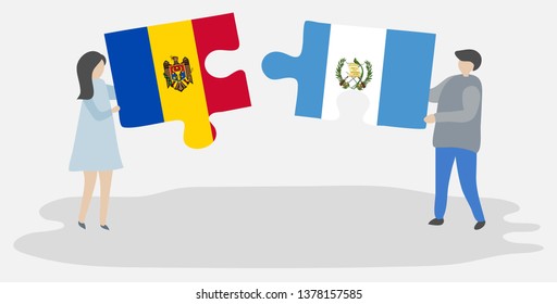 Couple holding two puzzles pieces with Moldovan and Guatemalan flags. Moldova and Guatemala national symbols together.