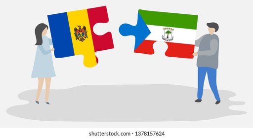 Couple holding two puzzles pieces with Moldovan and Equatorial Guinean flags. Moldova and Equatorial Guinea national symbols together.