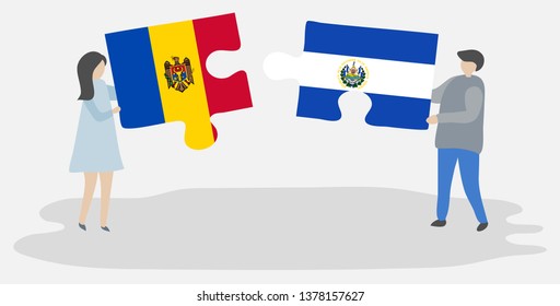 Couple holding two puzzles pieces with Moldovan and Salvadoran flags. Moldova and El Salvador national symbols together.
