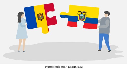 Couple holding two puzzles pieces with Moldovan and Ecuadorian flags. Moldova and Ecuador national symbols together.