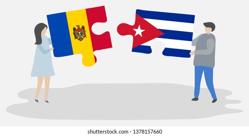 Couple holding two puzzles pieces with Moldovan and Cuban flags. Moldova and Cuba national symbols together.