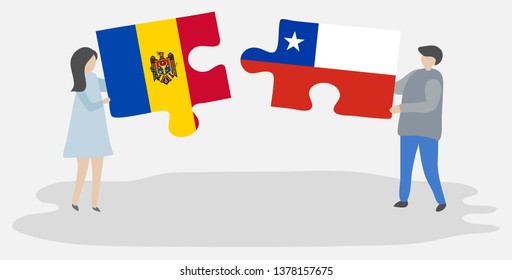 Couple holding two puzzles pieces with Moldovan and Chilean flags. Moldova and Chile national symbols together.