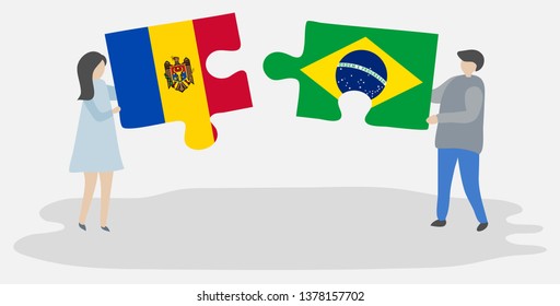 Couple holding two puzzles pieces with Moldovan and Brazilian flags. Moldova and Brazil national symbols together.