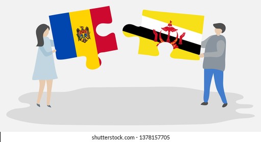Couple holding two puzzles pieces with Moldovan and Bruneian flags. Moldova and Brunei national symbols together.