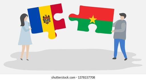 Couple holding two puzzles pieces with Moldovan and Burkinabe flags. Moldova and Burkina Faso national symbols together.