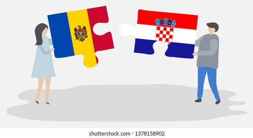 Couple holding two puzzles pieces with Moldovan and Croatian flags. Moldova and Croatia national symbols together.