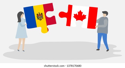 Couple holding two puzzles pieces with Moldovan and Canadian flags. Moldova and Canada national symbols together.