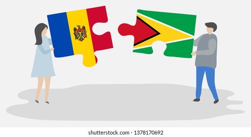 Couple holding two puzzles pieces with Moldovan and Guyanese flags. Moldova and Guyana national symbols together.