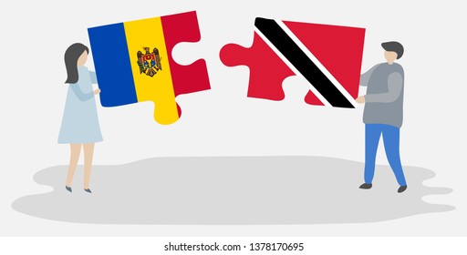 Couple holding two puzzles pieces with Moldovan and Trinidadian flags. Moldova and Trinidad and Tobago national symbols together.