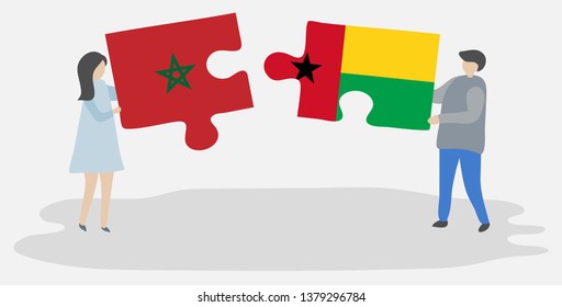 Couple holding two puzzles pieces with Moroccan and Bissau-Guinean flags. Morocco and Guinea-Bissau national symbols together.