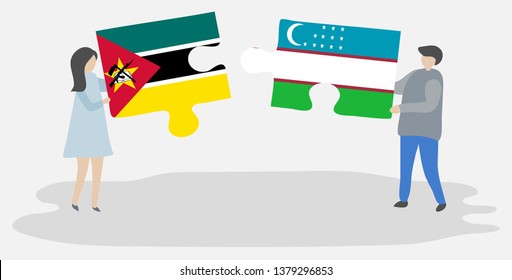 Couple holding two puzzles pieces with Mozambican and Uzbek flags. Mozambique and Uzbekistan national symbols together.
