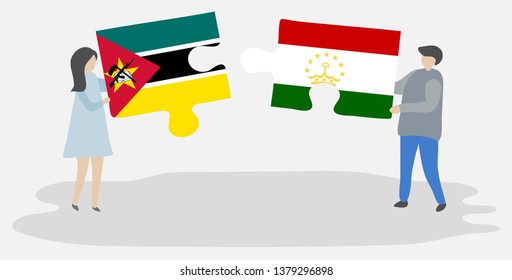 Couple holding two puzzles pieces with Mozambican and Tajikistani flags. Mozambique and Tajikistan national symbols together.
