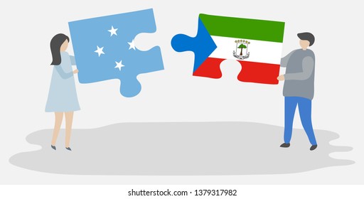Couple holding two puzzles pieces with Micronesian and Equatorial Guinean flags. Micronesia and Equatorial Guinea national symbols together.