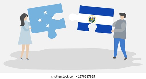 Couple holding two puzzles pieces with Micronesian and Salvadoran flags. Micronesia and El Salvador national symbols together.