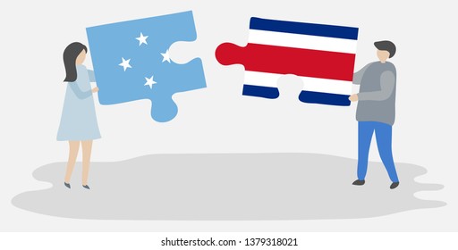 Couple holding two puzzles pieces with Micronesian and Costa Rican flags. Micronesia and Costa Rica national symbols together.