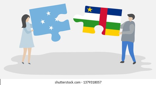 Couple holding two puzzles pieces with Micronesian and Central African flags. Micronesia and Central African Republic national symbols together.