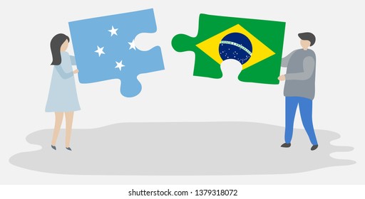 Couple holding two puzzles pieces with Micronesian and Brazilian flags. Micronesia and Brazil national symbols together.