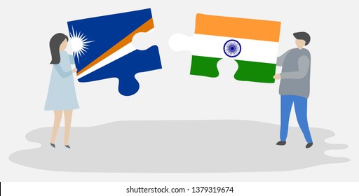 Couple holding two puzzles pieces with Marshallese and Indian flags. Marshall Islands and India national symbols together.