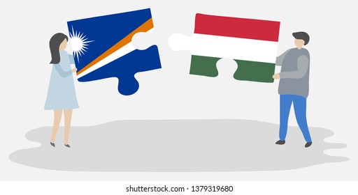 Couple holding two puzzles pieces with Marshallese and Hungarian flags. Marshall Islands and Hungary national symbols together.