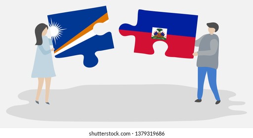 Couple holding two puzzles pieces with Marshallese and Haitian flags. Marshall Islands and Haiti national symbols together.