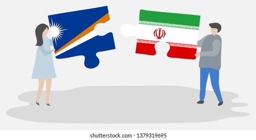 Couple holding two puzzles pieces with Marshallese and Iranian flags. Marshall Islands and Iran national symbols together.