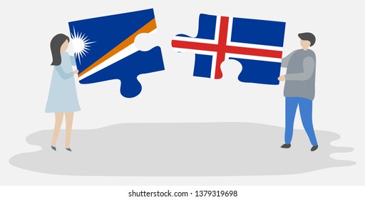 Couple holding two puzzles pieces with Marshallese and Icelandic flags. Marshall Islands and Iceland national symbols together.