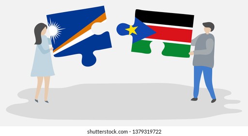 Couple holding two puzzles pieces with Marshallese and South Sudanese flags. Marshall Islands and South Sudan national symbols together.