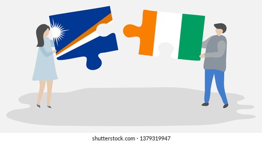 Couple holding two puzzles pieces with Marshallese and Ivorian flags. Marshall Islands and Ivory Coast national symbols together.