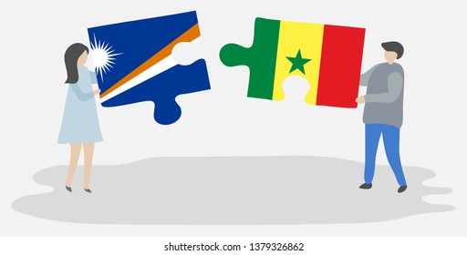 Couple holding two puzzles pieces with Marshallese and Senegalese flags. Marshall Islands and Senegal national symbols together.