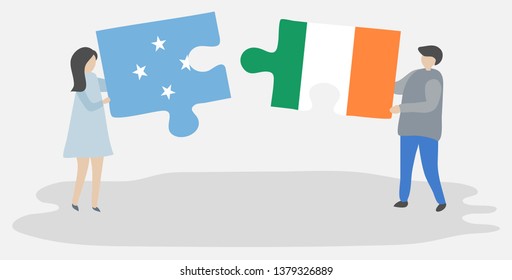 Couple holding two puzzles pieces with Micronesian and Irish flags. Micronesia and Ireland national symbols together.