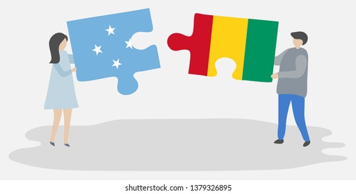 Couple holding two puzzles pieces with Micronesian and Guinean flags. Micronesia and Guinea national symbols together.
